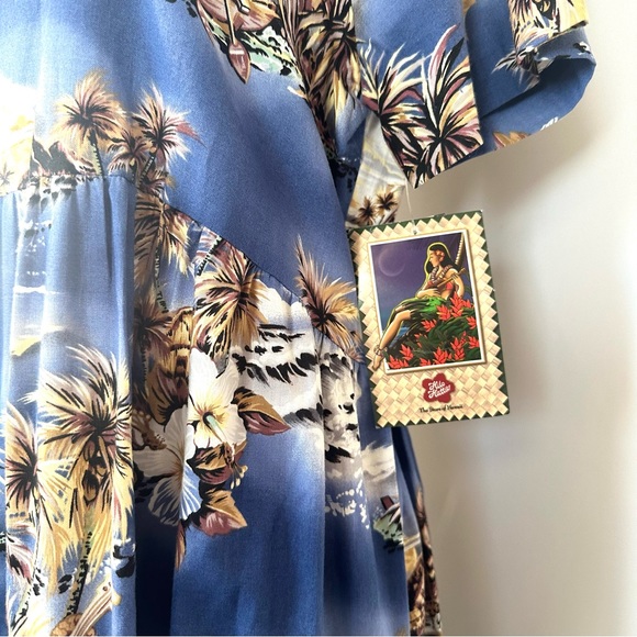 HILO HATTIE VTG NEW! BLUE HAWAII EMPIRE TIE-BACK MIDI SHORT SLEEVE DRESS SzL - Picture 14 of 14